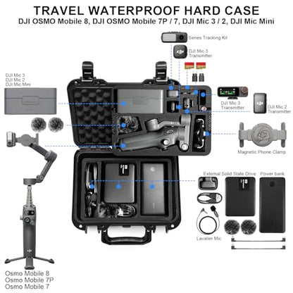 Lekufee Portable Waterproof Hard Case for DJI Osmo Mobile 8, Osmo Mobile 7P / 7, Gimbal Stabilizer, DJI Mic 3/2 / Mic Mini & More Accessories(Case Only)