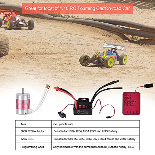 RC Car 1:10 Scale 3650 5200KV Brushless Motor & 120A ESC & Programming Card - color: Red（motor+120A esc+programmer)