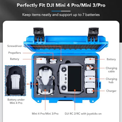 Lykus Titan MM410 Waterproof Hard Case (Blue) for DJI Mini 4 Pro/Mini 3/Pro and DJI RC 2/RC/RC-N2/N1, Support 7 batteries and RC lanyard [CASE ONLY] - color: Blue