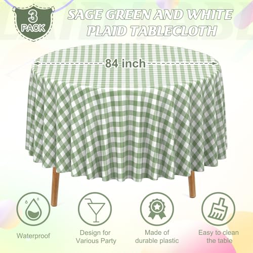 3 Pcs Sage Green Gingham Tablecloths 84 inch Checkered Round Tablecloths - color: Sage Green-round