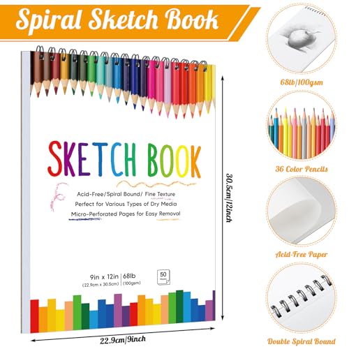 2 Pack Sketch Books for Kids 9 × 12In, 100gsm Drawing Pad with 36 Pencils - color: Classic
