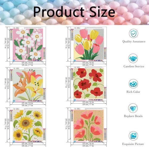 Tiwabb 6 Pack Flower Diamond Art Kits for Kids,DIY Crafts for Girls Boy - color: 6 Pack Flowers