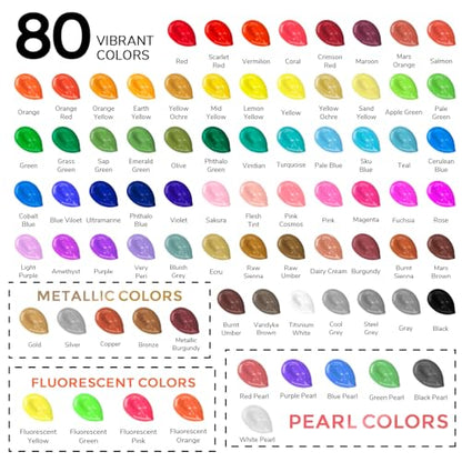 ABEIER Acrylic Paint Set, 80 Colors x 2 oz, Metallic & Fluorescent