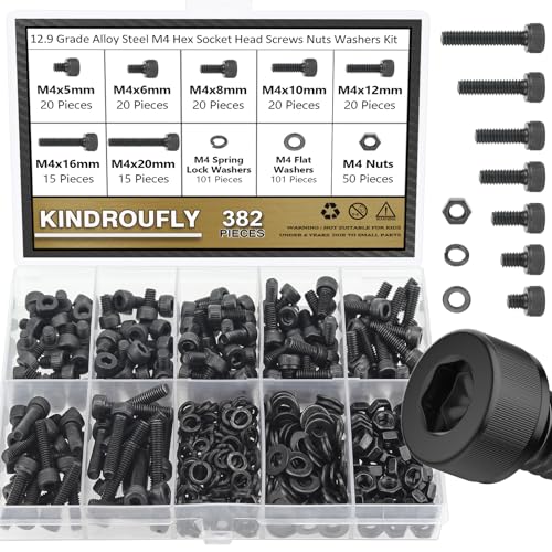 382 Pieces Black M4 x 5/6 /8/10 /12/16 /20mm Hex Socket Head Cap Screws Nuts Washers Assortment Kit, 12.9 Grade Alloy Steel - size: M4, style: Socket Head