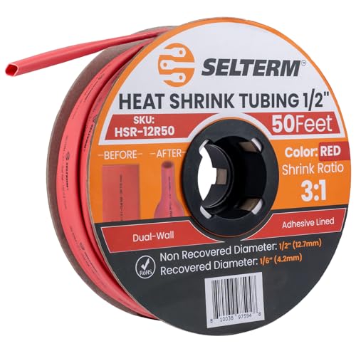 SELTERM 1/2" Red [50 Feet] Marine Grade 3:1 Ratio Heat Shrink Tubing Roll - color: Red, size: 1/2" - 12.7MM