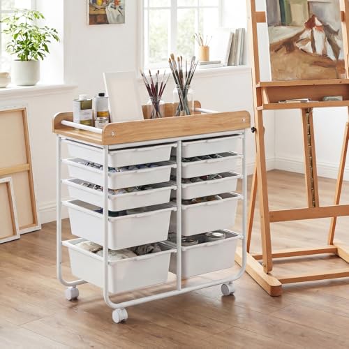 DREAMADE Rolling Storage Cart, 10-Drawer Utility Cart with Tabletop, White - color: White