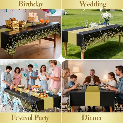 4 Pack Plastic Tablecloths for Rectangle Tables, Black Gold Table Covers - color: Black and Gold, size: 54" x 108" (4 Pack)