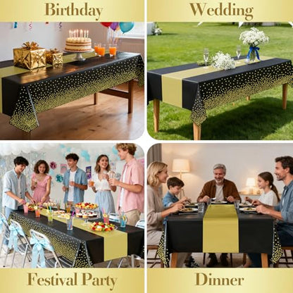 4 Pack Plastic Tablecloths for Rectangle Tables, Black Gold Table Covers - color: Black and Gold, size: 54" x 108" (4 Pack)