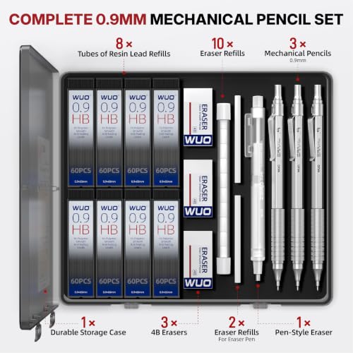 WUO 0.9mm Mechanical Pencil Set, 3 Pack Sliver Metal Drafting Pencils - color: Silver, size: 0.9
