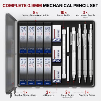 WUO 0.9mm Mechanical Pencil Set, 3 Pack Sliver Metal Drafting Pencils - color: Silver, size: 0.9