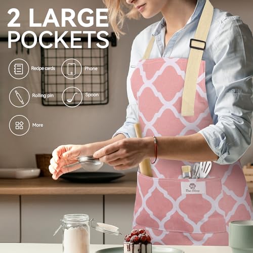 2 Pieces Aprons for Women with Pockets, Cotton Linen Waterproof Kitchen Cooking Aprons, Chef Apronfor Men Women with Adjustable Neck Strap and Long Ties(Pink/Grey) - color: Pink/Grey
