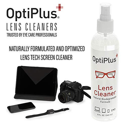 OptiPlus 16oz All Natural Lens and Screen Cleaning Pack, Lens Wipes, Microfiber Cloth and 16 x 16 Microfiber Terry Towel 3 Pack (Red)