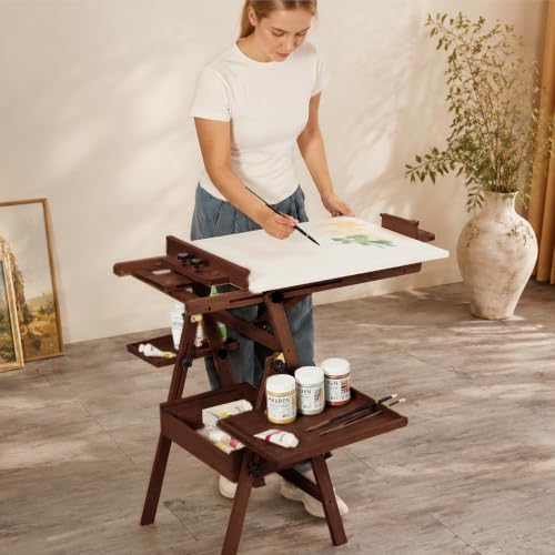 MEEDEN Painting Easel with Storage and Tray: H-Frame Beech Wood Art Easel - color: Deep Walnut