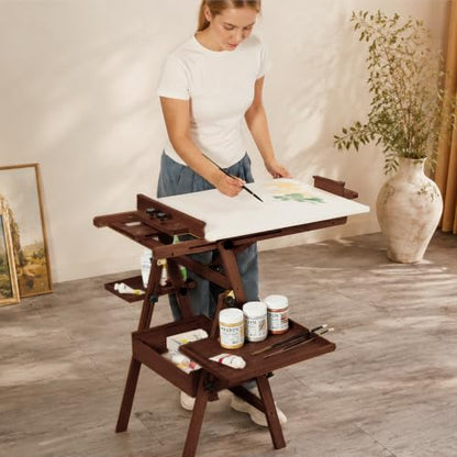MEEDEN Painting Easel with Storage and Tray: H-Frame Beech Wood Art Easel - color: Deep Walnut
