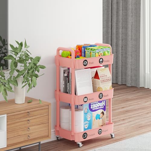 3 Tier Rolling Cart with Wheels, Utility Storage Carts,Pink - color: Pink, size: 3-Tier