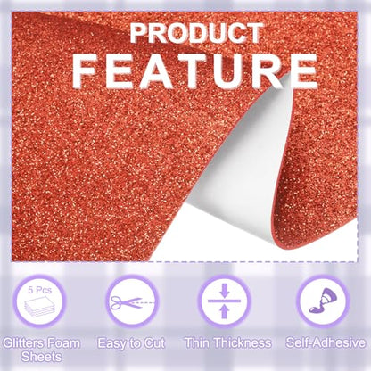 uxcell Foam Sheets 5Pcs 8x12Inch EVA Self-Adhesive Sparkle Red Glitters - color: Red