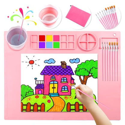 DIYDEC Silicone Craft Mat with Detachable Cup 20X16 Inch Large Silicone Painting Mat for Kids Art Supplies with 10 Painting Brushes Drawing Sheets for Adult DIY Accessories (Pink) - color: Pink