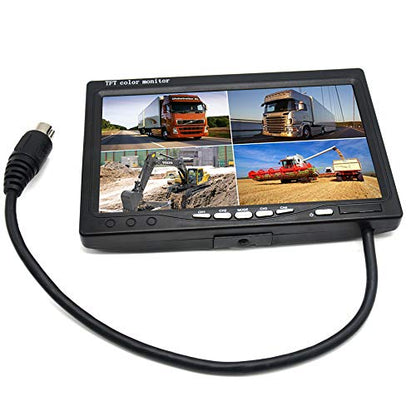Padarsey 7" TFT LCD Car Rearview Quad Split Monitor,Remote Control, 4 Channels RCA Video Inputs(4-PIN Shockproof Connector) - 12V-24V 800×480HD Screen w/Sunshade Anti-Glare