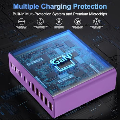 800W USB C Charger Block,10-Port Charging Station - color: Purple