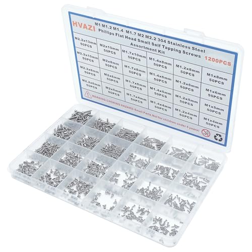 1200PCS M1-M2.2 304 SS Phillips Flat Head Tiny Self Tapping Screw Kit - size: M1 M1.2 M1.4 M1.7 M2 M2.2