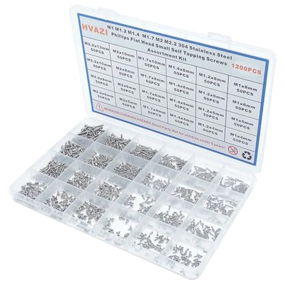 1200PCS M1-M2.2 304 SS Phillips Flat Head Tiny Self Tapping Screw Kit - size: M1 M1.2 M1.4 M1.7 M2 M2.2