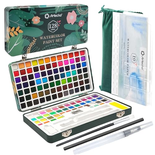 Artecho 128-Color Watercolor Paint Set with Metallics, Portable Tin Case - style: 128 Colors