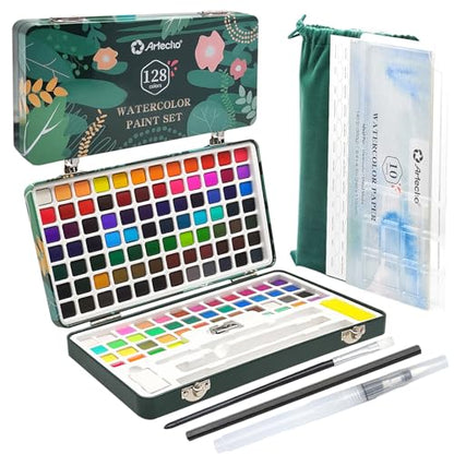 Artecho 128-Color Watercolor Paint Set with Metallics, Portable Tin Case - style: 128 Colors