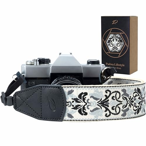 Padwa Lifestyle Camera Strap - 2" Wide Vintage Jacquard Embroidery Grey Flower Camera Straps with Genuine Leather Head,Adjustable Neck Shoulder Strap for All Cameras and Men & Women Photographers - color: Noble Grey Embroidery
