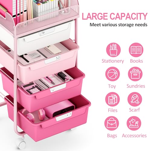 SYKIARIOL 4-Drawer Rolling Storage Cart with Mesh Top, Rose Pink - color: Gradient Pink