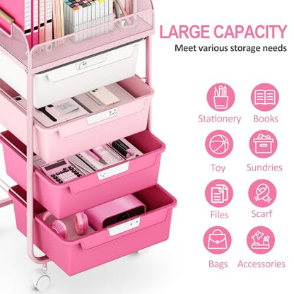 SYKIARIOL 4-Drawer Rolling Storage Cart with Mesh Top, Rose Pink - color: Gradient Pink