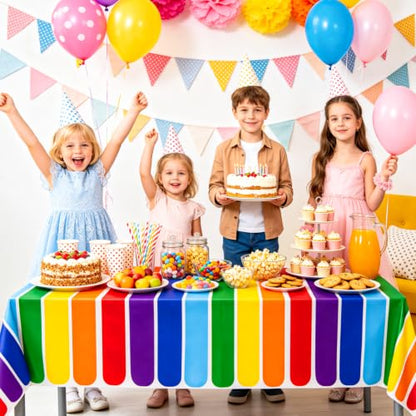 PHOGARY 3 Pack Rainbow Theme Tablecovers for Party Decoration, Disposable Plastic Rectangular Table Covers, Rainbow Parties Tablecloth Summer Beach Kids Birthday Cocktail Party Supplies