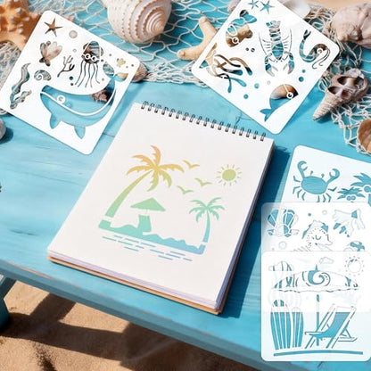 20Pcs Ocean Stencils for Painting,7.8Inch Reusable Large Beach Stencils