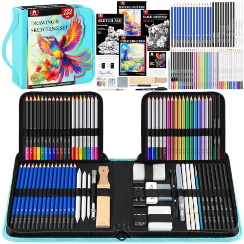 133 PCS Art Supplies Sketching Kit, Pro Drawing Pencils Art Kit Adults Gift - color: Green, size: 133 Pack