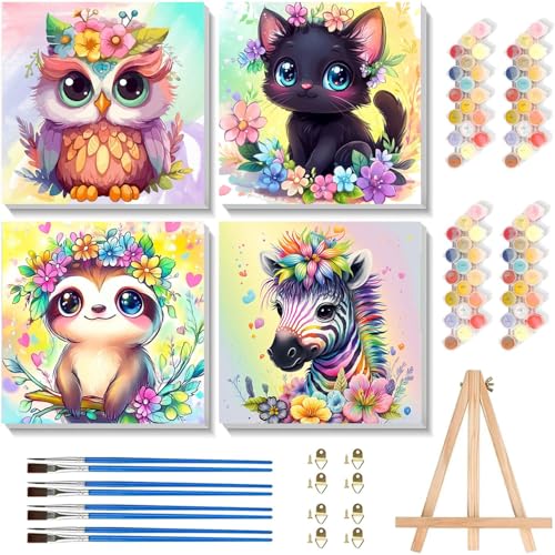 4 Pack Paint by Numbers Kit for Kids with Frame - Wooden Easel 8x8 inch - color: BKH1220-BKH1223