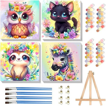4 Pack Paint by Numbers Kit for Kids with Frame - Wooden Easel 8x8 inch - color: BKH1220-BKH1223