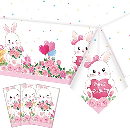 Jecery 3 Pack Bunny Birthday Party Tablecloth, Rabbit Floral Pastel Design
