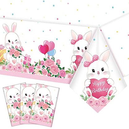 Jecery 3 Pack Bunny Birthday Party Tablecloth, Rabbit Floral Pastel Design