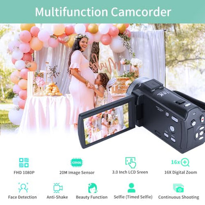 ORDRO V12 1080P Camcorder Night Vision with 16G Card 2 Batteries