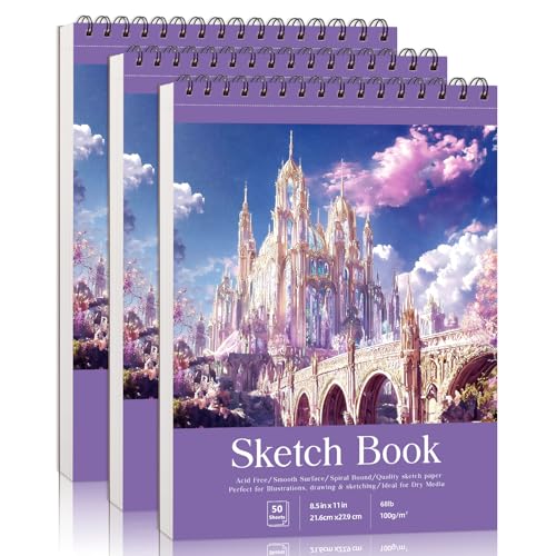 Prudiut Sketch Book 3 Pack, 8.5 × 11 in, Spiral Bound, Violet - color: Violet, size: 8.5 x 11inch(3 Pack)