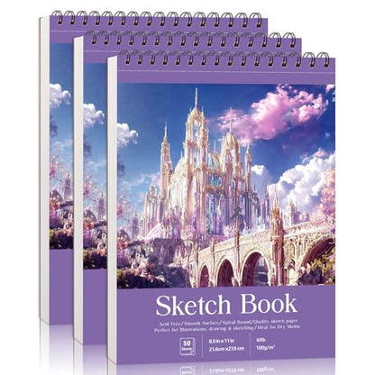 Prudiut Sketch Book 3 Pack, 8.5 × 11 in, Spiral Bound, Violet - color: Violet, size: 8.5 x 11inch(3 Pack)