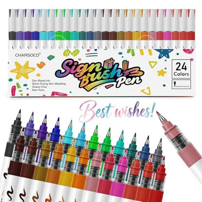 24 Colors Arts Sign Brush Pens, Felt Tip, Water-Based Ink