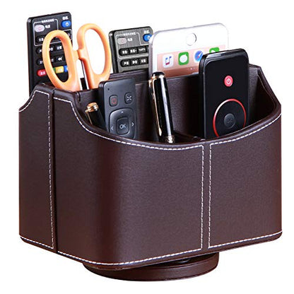 PU Leather 360° Rotatable Remote Control Holder,Nightstand TV Remote Caddy - color: A Brown