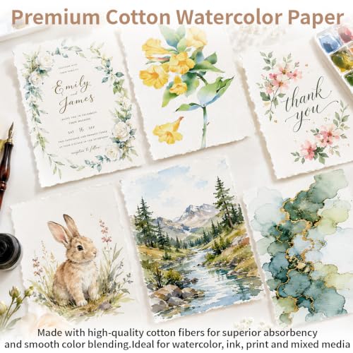200 Sheets White Watercolor Paper 5x7 Inch Cotton Handmade Deckled Edge - color: White, size: 5x7in