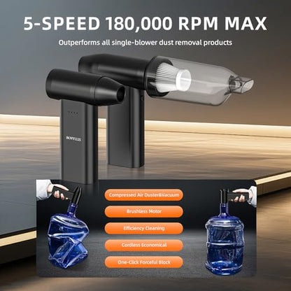 Electric Compressed Air Duster Vacuum Cleaner, LED Light 180000 RPM 5-Speed Handheld Mini Blower Storage Bag PC Cleaning Kit USB-C Rechargeable for Keyboard Home Outdoor Car BBQ Grill