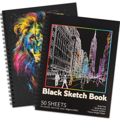 2 Pack Black Paper Sketchbook, 9 × 12 in, 100 Sheets, 160gsm Spiral Bound - size: 9×12 Inch (2 Pack )