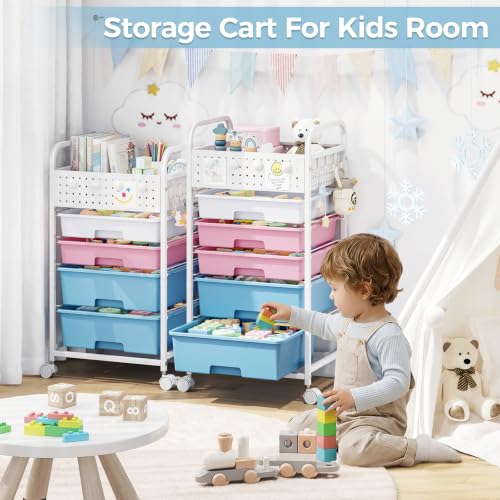 4 Drawer Rolling Storage Cart with Pegboard Top and Hooks, Pink&Blue - color: Pink&Blue, size: 4-Drawers