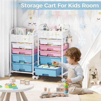 4 Drawer Rolling Storage Cart with Pegboard Top and Hooks, Pink&Blue - color: Pink&Blue, size: 4-Drawers