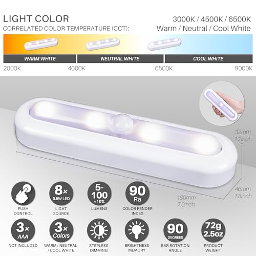 STAR-SPANGLED 7” Dimmable LED Stick on Push Tap Lights AAA Battery, 3 Pack - color: 3 Color Modes & Dimmable, size: 7 inch, Push Control (3 Pack)