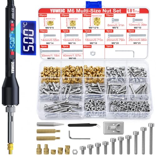 M6 Heat Set Insert Kit 181PCS Threaded Inserts 60W Soldering Iron, Heat Insert Tips, Nuts & Screws, Threaded Insert Installation Tool Set with Stand and Tweezers for 3D Printing - size: M6
