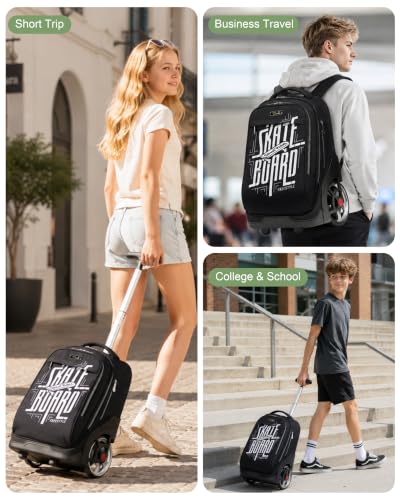 NEW TILAMI 19 Inch Rolling Backpack for School Stair-Climbing Big Wheel - color: Black Skate Board